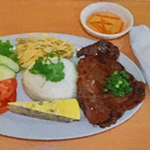 #3. Charbroiled Pork Chop, Shredded Pork Skin, & Egg Quinche on Steamed Broken Rice #3. Charbroiled Pork Chop, Shredded Pork Skin, & Egg Quinche on Steamed Broken Rice